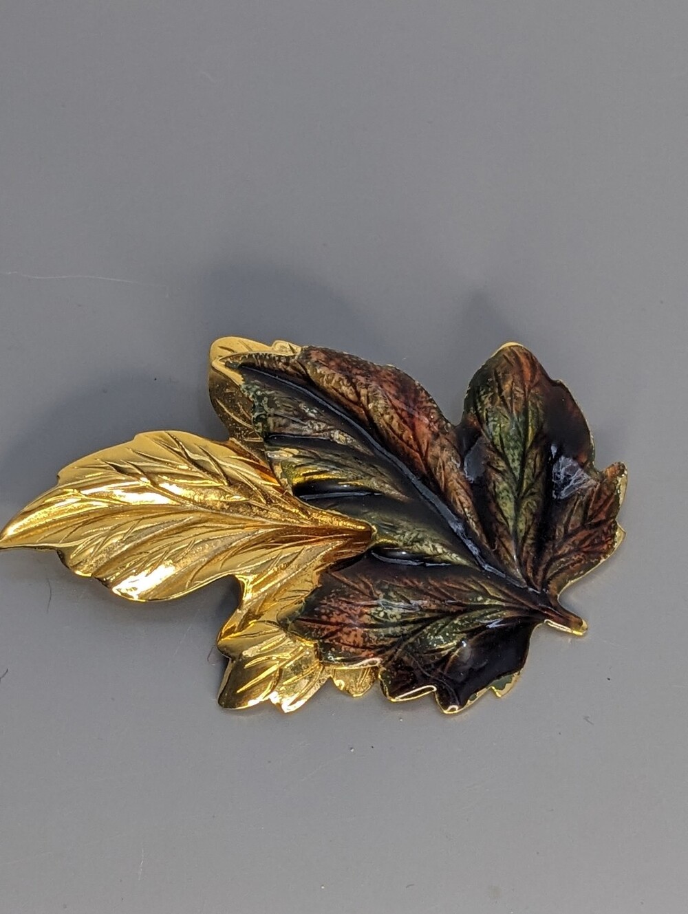 Vintage Brooch Enamel Gold Tone Layered Leaf Three Inch Like New Nature 1970s